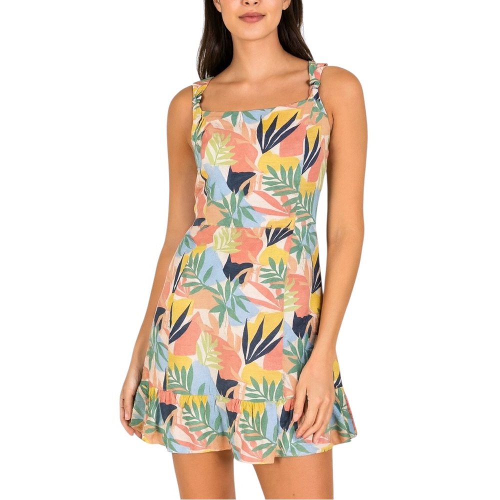 Sadie & Sage Size M Tropical Leaf Print Sundress Linen Blend Ruffle Hem Colorful